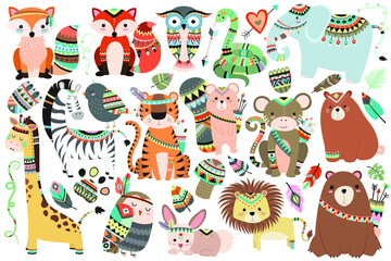 Funny Woodland and jungle tribal animals isolated vector set, cute wild forest fox and jungle tribals zoo, Ideal kids design