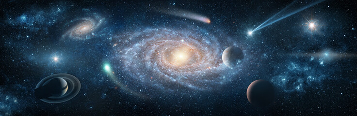 Wall Mural - view from space to the galaxies, stars, comet, asteroid, meteorite, nebula, saturn. cosmic panorama 