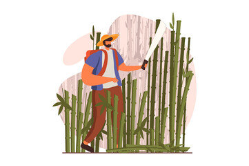 Aufkleber - Travelling web concept in flat design. Man with backpack goes on trip walking with machete in bamboo forest. Traveller going in expedition and hiking in jungle. Vector illustration with people scene