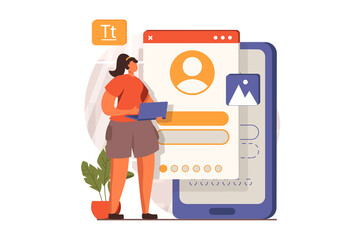 Ui and ux designers web concept in flat design. Woman creating and optimizing interface layout for smartphone applications and working on computer in office. Vector illustration with people scene
