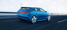 Modern Blue SUV Car On The Road In Fast Motion And City Skyline On The Background. Professional 3d Rendering Of Own Designed Generic Non Existing Car Model.