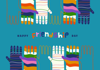 Happy friendship day illustration of colorful diverse hands together