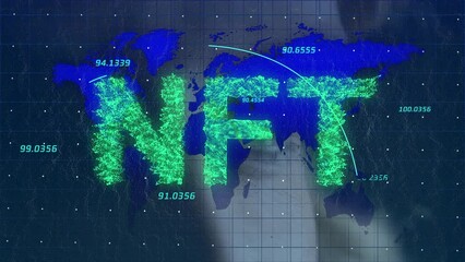 Wall Mural - animation of data processing and nft text over eyes