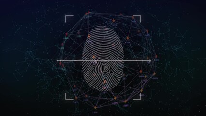Biometric fingerprint scanner and network of connections against black background