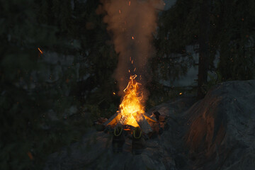 Wall Mural - 3d rendering of a forest night scene with big bonfire