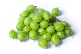 a lot of green gooseberries lies on a white background