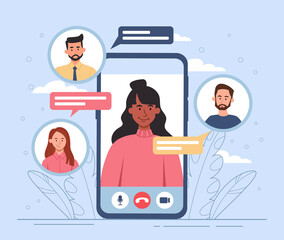 Wall Mural - video call concept. men and girls communicate on internet, video conference of friends or colleagues