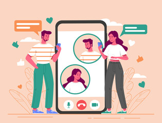Wall Mural - chat on smartphone. man and woman communicate in social networks and instant messengers. modern tech