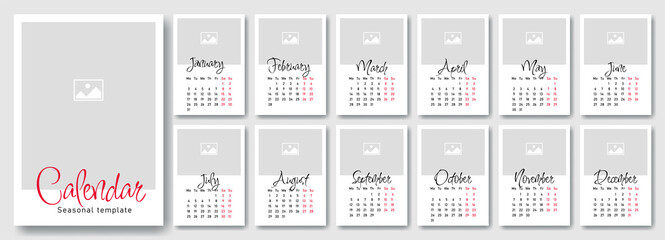 Calendar template 2022. Graphic elements for website or printing on cardboard, 12 months and 4 seasons. Interface for creating applications and mobile programs. Cartoon flat vector illustration