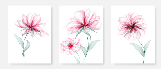 Abstract watercolor floral art background with pink flowers. Botanical poster set with transparent ink orchids for decoration, print, wallpaper, invitation.