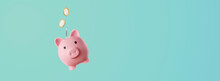 Pink Piggy Bank With Coins Falling Inside - Savings Concept