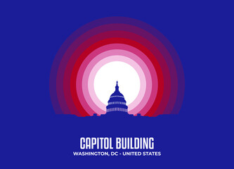 Capital Building illustration. Moonlight symbol of famous statue and building in United States. Color tone based on official country flag. Vector eps 10.