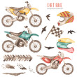 Watercolor set with dirt bikes, helmets, flag, mud, tire tread, birds