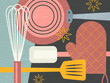 Composite illustration of cooking tools and appliances for food preparation. Retro culinary theme vector illustration for artwork, decor, social media, banners