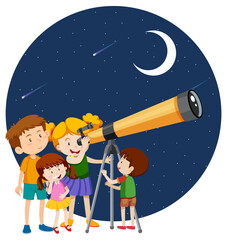 Wall Mural - happy kids observe night sky with telescope