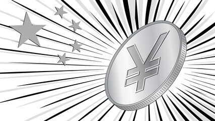 Wall Mural - Coin with Chinese currency Yuan CNY sign in rays and stars from flag of China. Banner in gray colors. China has created a digital Yuan.