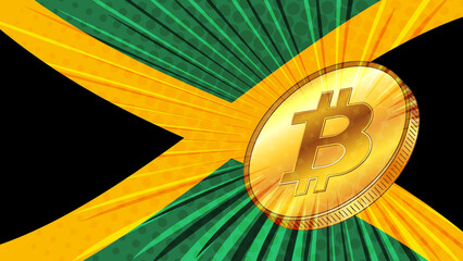 Wall Mural - Gold coin of Bitcoin BTC and colored flag of Jamaica on background. Central Bank of Jamaica adopts laws on mining and digital assets.