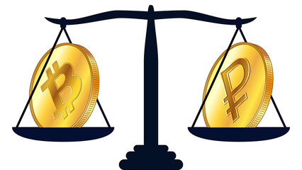 Canvas Print - Gold coin of Bitcoin BTC and russian Ruble RUB on scales isolated on white background. Laws on digital assets CBDC.