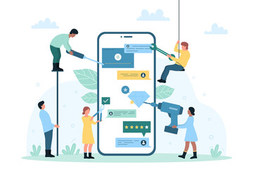 Wall Mural - mobile app development, programming vector illustration. cartoon tiny developers create functional u