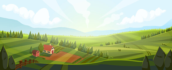 rural field landscape vector. background farm, summer countryside, agriculture land, grass meadow, c