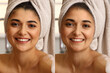 Portrait of beautiful young and mature woman after shower. Process of aging
