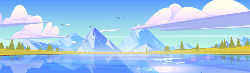 Wall Mural - Nature landscape with mountains and blue crystal pond or lake, green field and birds in sky with fluffy clouds fly above rocks and calm water surface. Panoramic background, Cartoon vector illustration