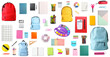 Set of school backpacks and stationery on white background