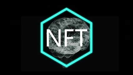 Sticker - Animation of nft in hexagon over brain on black background