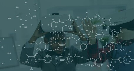 Wall Mural - animation of chemical formulas over african american boy using vr headset