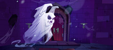 Haunted Old Castle With Ghost, Broken Wooden Door And Stone Wall. Vector Cartoon Illustration Of Abandoned Medieval Gungeon With Spooky Angry Spirit At Night