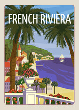 French Riviera Nice Coast Poster Vintage. Resort, Coast, Sea, Beach. Retro Style Illustration Vector
