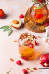 Canvas Print - Peach raspberry iced tea, summer refreshing drink, beverage, cocktail