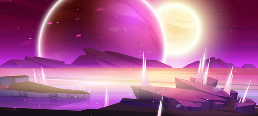 Wall Mural - alien planet landscape, space background with rocks and frozen pond under night sky with glowing sta
