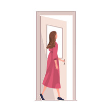 Woman Character At Open Door Leaving Home Going Out Vector Illustration
