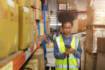 Staff worker work in warehouse inventory products collection management with barcode scanning device.