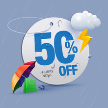 Monsoon Offer Tag 50 Percent Off Written On Price Tag Surrounded With Monsoon Elements