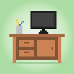 Wall Mural - 8 Bit Pixel work place in Vector Illustration for Game Assets. Flat desktop on desk in Pixel Art.