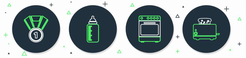 Sticker - Set line Baby bottle, Oven, Medal and Toaster with toasts icon. Vector