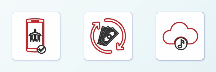 Sticker - Set line Music streaming service, Flight mode the mobile and Refund money icon. Vector