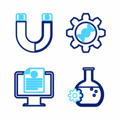 Poster - Set line Bioengineering, Clinical record on monitor, Genetic and Magnet icon. Vector