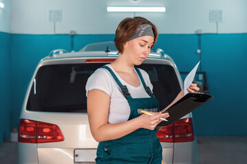 Wall Mural - Portrait of a plus-sized young woman in overall, checking documents, against the background of a car in an auto repair shop. The concept of women's work in male professions