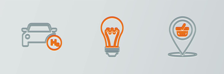 Sticker - Set line Location shopping basket, Hydrogen car and Light bulb icon. Vector