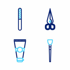 Sticker - Set line Makeup brush, Lotion cosmetic tube, Scissors and Nail file icon. Vector