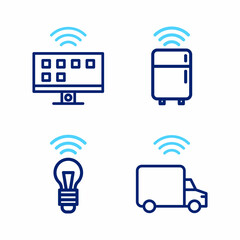 Sticker - Set line Smart truck, light bulb, refrigerator and Tv system icon. Vector