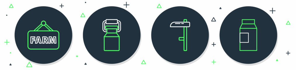 Poster - Set line Can container for milk, Scythe, Signboard with text Farm and Paper package icon. Vector
