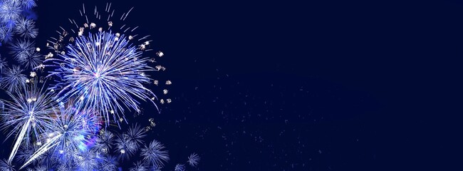 fireworks, white-blue sylvester-fireworks on dark blue background with sparks and space for text