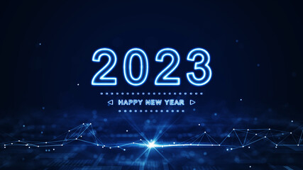 Poster - happy new year 2023. Glowing white numbers and letters stand out in the center. There are interconnected polygons below on a dark blue background.