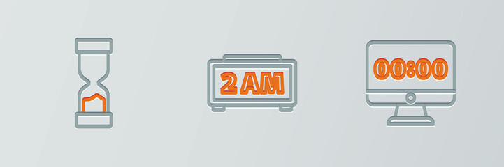 Sticker - Set line Clock on monitor, Old hourglass and Digital alarm clock icon. Vector