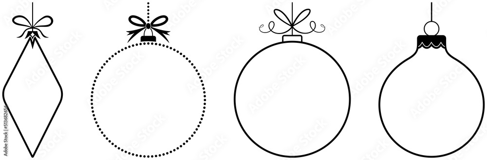 Image vectorielle Stock Christbaumkugel Vektor. Set von vier leere Weihnachtskugeln in schwarz. Weiser Hintergrund. Für eigene Text und Design Anforderungen. Für Hintergründe, Kalender, Einladungen, Grußkarten etc