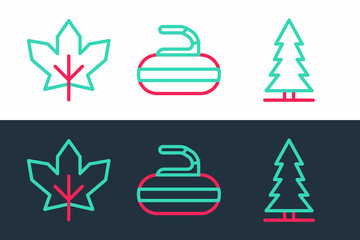 Sticker - Set line Canadian spruce, maple leaf and Stone for curling icon. Vector